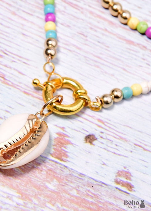 Boho Necklace, Long Blue Hippie Shell